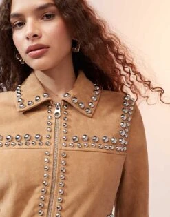 Mango Western Studded Suede Jacket In Brown For Women -Mango Sales 207042655 3
