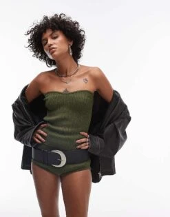 Mango Ribbed Bandeau And Short Co-ord In Khaki -Mango Sales 207042656 1 khaki