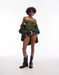 Mango Ribbed Bandeau And Short Co-ord In Khaki