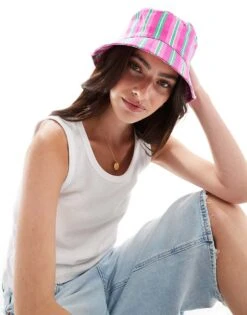 Mango Horizontal Stripe Bucket Hat In Pink For Women