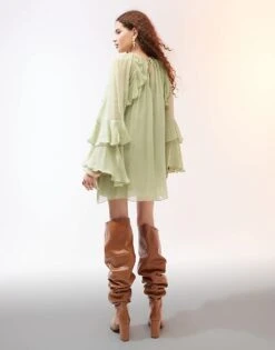 Mango Ruffle And Pleat Front Woven Mini Dress In Pistachio For Women -Mango Sales 207047622 3