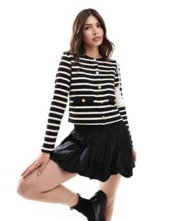 Mango Stripe Knitted Cardigan With Gold Buttons In White For Women