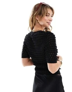 Mango Knitted Textured T-shirt In Black For Women -Mango Sales 207101782 4