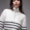 Mango Half Zip Stripe Jumper In White For Women