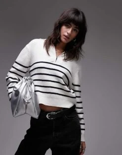 Mango Half Zip Stripe Jumper In White For Women -Mango Sales 207101793 3