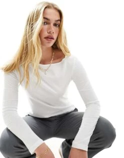 Mango Slash Neck Long Sleeve Top In White For Women