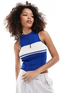 Mango Half Zip Sleeveless Jumper In Blue And White For Women -Mango Sales 207101902 1 blue 1