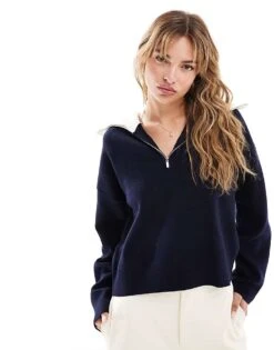 Mango High Neck Half Zip Jumper In Navy For Women -Mango Sales 207101923 1 navy 1
