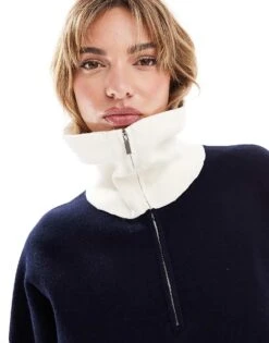 Mango High Neck Half Zip Jumper In Navy For Women -Mango Sales 207101923 3