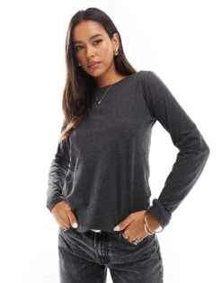 Mango Slash Neck Long Sleeve Top In Grey For Women