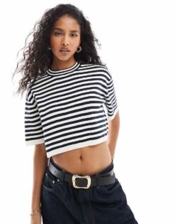 Mango Oversized Stripe Knitted T-shirt In White For Women -Mango Sales 207101986 1 white 1