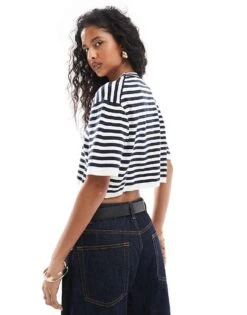 Mango Oversized Stripe Knitted T-shirt In White For Women -Mango Sales 207101986 4