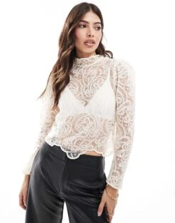 Mango Lace High Neck Top In White For Women