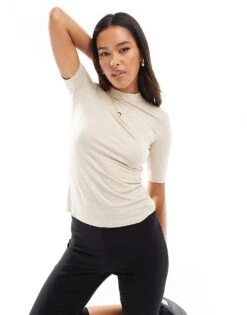 Mango Soft Touch High Neck T-shirt In Beige For Women