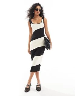 Mango Horizontal Stripe Midi Dress In Black And White For Women