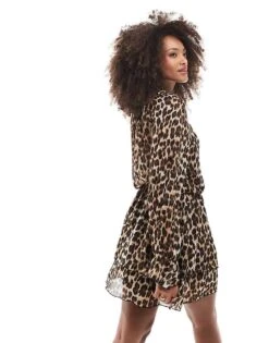 Mango Tie Front Leopard Print Mini Dress In Brown For Women -Mango Sales 207102510 4