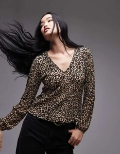 Mango V Neck Mini Leopard Print Top In Brown For Women