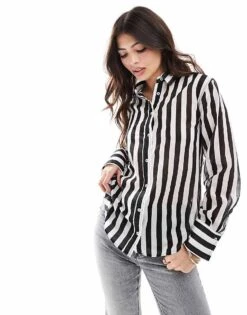 Mango Stripe Shirt In Black And White For Women