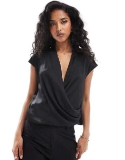 Mango Wrap Front Sleeveless Satin Shirt In Black For Women