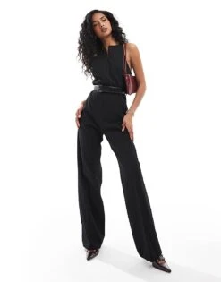 Mango Belted High Neck Jumpsuit In Black For Women
