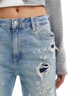 Mango Distressed Detail Straight Leg Jeans In Light Wash Blue For Women Light Blue -Mango Sales 207103992 3