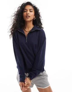 Mango High Neck Half Zip Sweat In Navy For Women