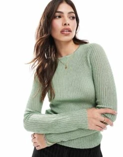 Mango Fine Knit Ribbed Jumper In Sage Green For Women