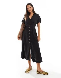 Mango Button Front Midi Dress In Black For Women