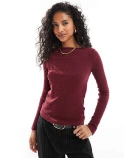 Mango Long Sleeve Ribbed Slash Neck Top In Dark Red For Women