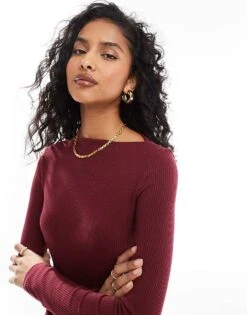 Mango Long Sleeve Ribbed Slash Neck Top In Dark Red For Women -Mango Sales 207108539 3