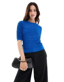 Mango Knitted Textured T-shirt In Blue For Women
