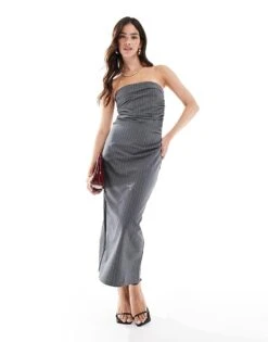 Mango Tailored Pinstripe Bandeau Midi Dress In Grey For Women