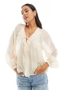 Mango Tie Front Boho Blouse In White For Women -Mango Sales 207108888 1 white 1