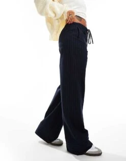 Mango Elasticated Pinstripe Tie Front Trousers In Navy For Women