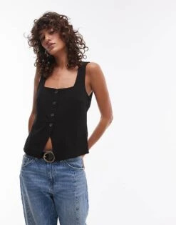 Mango Square Neck Waistcoat In Black For Women