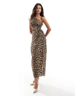 Mango One Shoulder Midi Dress In Leopard Print For Women Brown -Mango Sales 207109776 1 brown 1