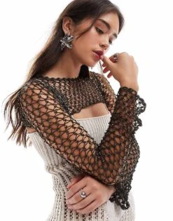 Mango X Siedres Cropped Crochet Disc Detail Long Sleeve Top In Black For Women