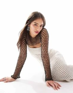 Mango X Siedres Cropped Crochet Disc Detail Long Sleeve Top In Black For Women -Mango Sales 207144415 4