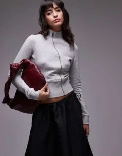 Mango Aysmmetric Zip High Neck Jumper In Grey For Women