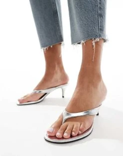 Mango Toe Thong Heeled Sandal In Silver For Women