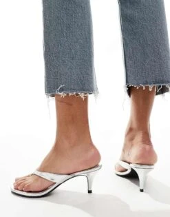 Mango Toe Thong Heeled Sandal In Silver For Women -Mango Sales 207251377 4