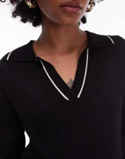 Mango Deep V-neck Polo Top With Contrast Detail In Black For Women -Mango Sales 207261912 3