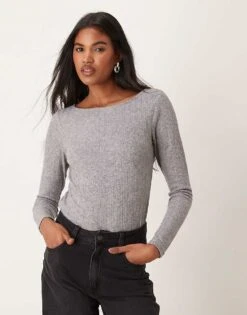 Mango Mixed Ribbed Long Sleeve Top In Grey For Women