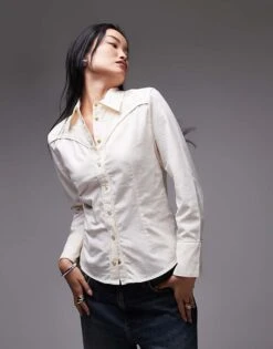 Mango Embroidered Neck Detail Western Shirt In Cream For Women