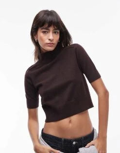 Mango Short Sleeve Wool Mix Knitted Top In Dark Brown For Women Black -Mango Sales 207261984 1 black 1