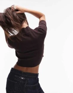 Mango Short Sleeve Wool Mix Knitted Top In Dark Brown For Women Black -Mango Sales 207261984 4