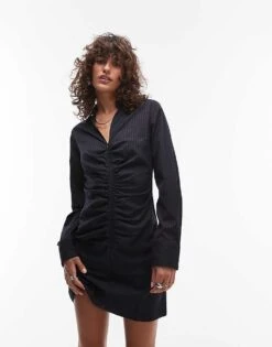 Mango Ruched Side Pinstripe Zip Down Mini Dress In Navy For Women -Mango Sales 207261995 1 navy 1