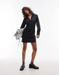 Mango Ruched Side Pinstripe Zip Down Mini Dress In Navy For Women -Mango Sales 207261995 4