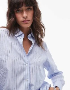 Mango Classic Fit Pinstripe Shirt In Blue For Women Mid Blue -Mango Sales 207262011 4