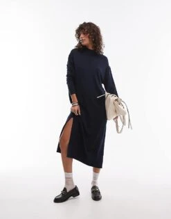 Mango Semi High Neck Long Sleeve Maxi Dress In Navy For Women